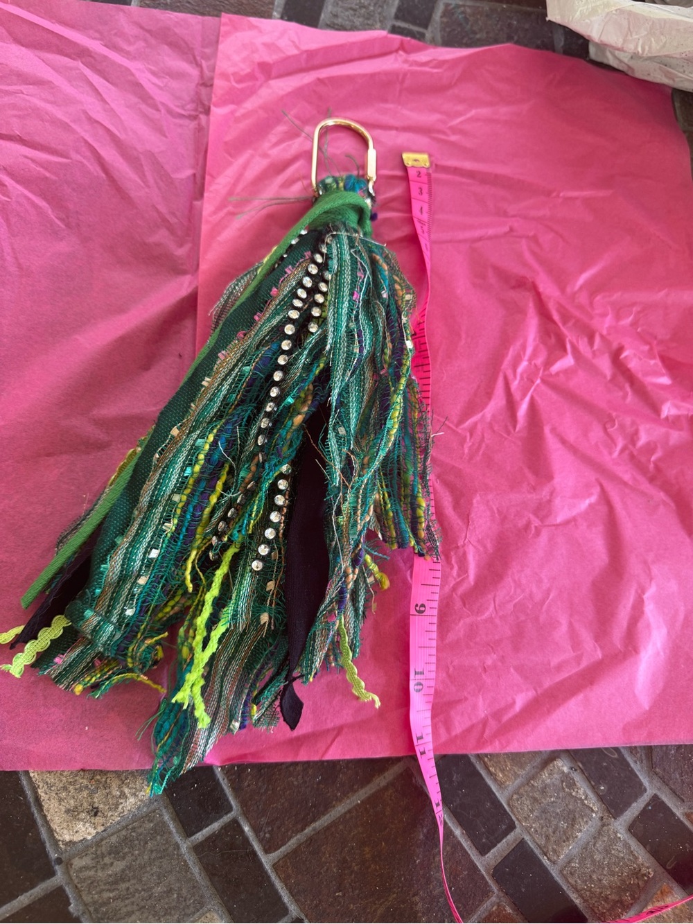 Green Multi-Texture Tassel Keychain with Rhinestones